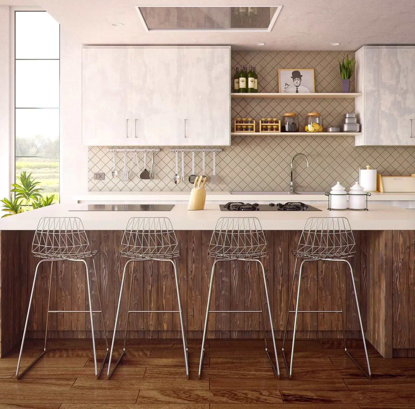 White Acrylic Island in Rustic Kitchen