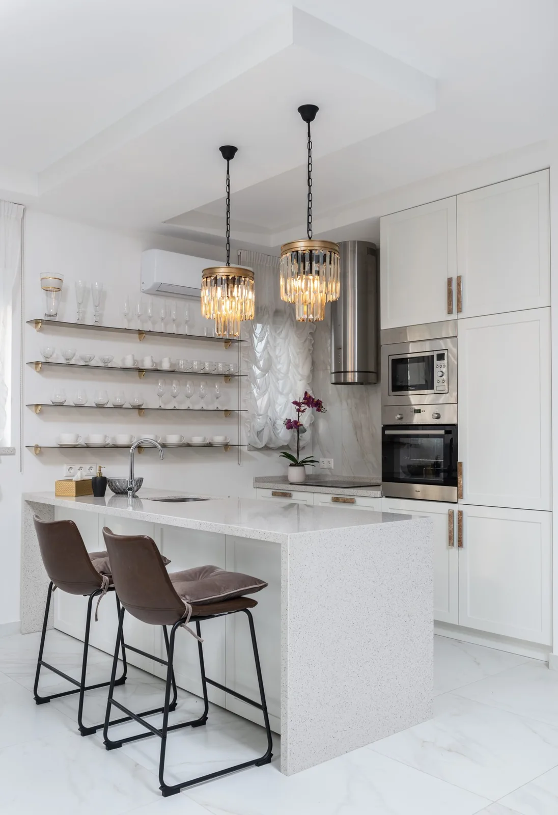 White Quartz Waterfall Island with Gold Accents